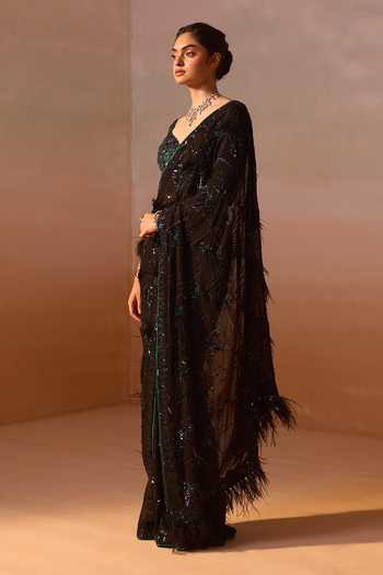 Nitika Gujral Black Georgette, Satin Sweetheart Neck Sequin Embroidered Saree With Blouse at Aza Fashions Nitika Gujral_Black Georgette, Satin Sweetheart Neck Sequin Embroidered Saree With Blouse _at_Aza_Fashions