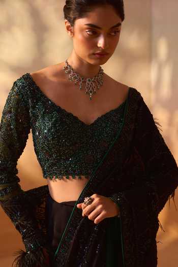 Buy Nitika Gujral Black Georgette, Satin Sweetheart Neck Sequin Embroidered Saree With Blouse Buy_Nitika Gujral_Black Georgette, Satin Sweetheart Neck Sequin Embroidered Saree With Blouse