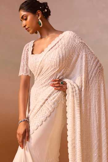 Buy_Nitika Gujral_Off White Georgette, Satin Square Tonal Sequin Embroidered Saree With Blouse _Online_at_Aza_Fashions