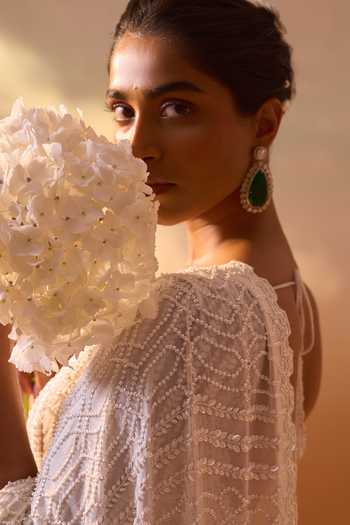 Shop_Nitika Gujral_Off White Georgette, Satin Square Tonal Sequin Embroidered Saree With Blouse _Online_at_Aza_Fashions