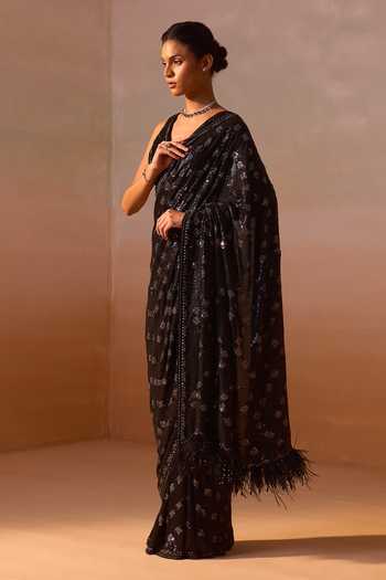 Nitika Gujral_Black Organza, Georgette V-neck Hand Embroidered Saree With Blouse _Online_at_Aza_Fashions