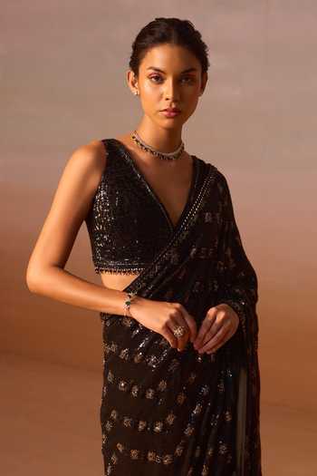 Buy_Nitika Gujral_Black Organza, Georgette V-neck Hand Embroidered Saree With Blouse _Online_at_Aza_Fashions
