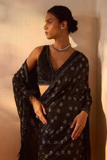 Shop_Nitika Gujral_Black Organza, Georgette V-neck Hand Embroidered Saree With Blouse _Online_at_Aza_Fashions