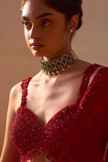 Nitika Gujral_Red Satin, Net Sweetheart Neck Pre-draped Ruffle Saree With Blouse _Online_at_Aza_Fashions