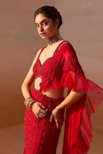 Buy_Nitika Gujral_Red Satin, Net Sweetheart Neck Pre-draped Ruffle Saree With Blouse _Online_at_Aza_Fashions
