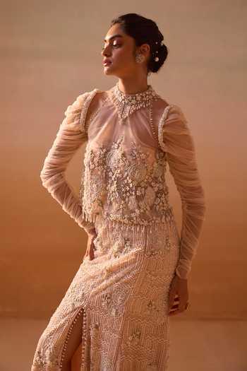 Buy_Nitika Gujral_Peach Satin, Net Halter Neck Embellished Slit Skirt And Bustier Set _Online_at_Aza_Fashions
