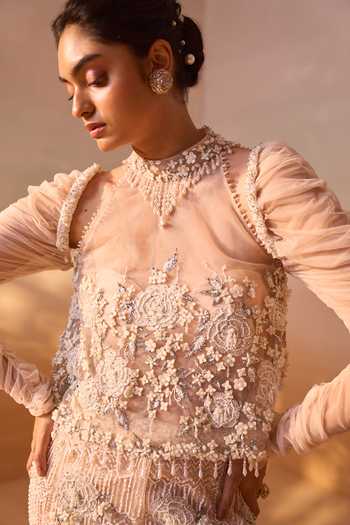 Shop_Nitika Gujral_Peach Satin, Net Halter Neck Embellished Slit Skirt And Bustier Set _Online_at_Aza_Fashions
