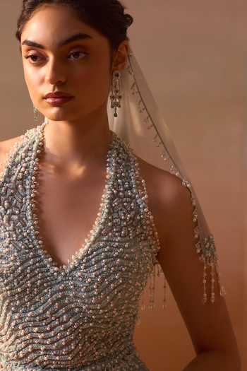 Buy_Nitika Gujral_Blue Satin, Net Pearls, Sequins, Crystals V-neck Embellished Corset Skirt Set 