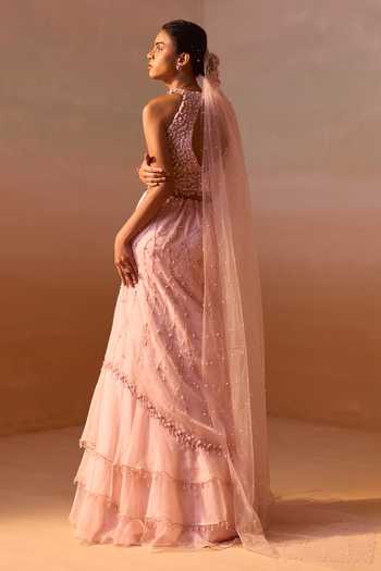 Nitika Gujral_Pink Organza, Net Sequins, Pearls, Stones, Embellished Layered Skirt Corset Set _Online_at_Aza_Fashions