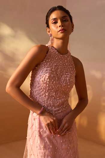 Buy_Nitika Gujral_Pink Organza, Net Sequins, Pearls, Stones, Embellished Layered Skirt Corset Set _Online_at_Aza_Fashions