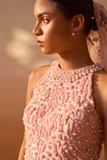 Shop_Nitika Gujral_Pink Organza, Net Sequins, Pearls, Stones, Embellished Layered Skirt Corset Set _Online_at_Aza_Fashions