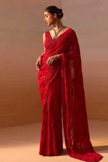 Nitika Gujral_Red Georgette, Satin V-neck Embroidered Saree With Jaal Blouse _Online_at_Aza_Fashions