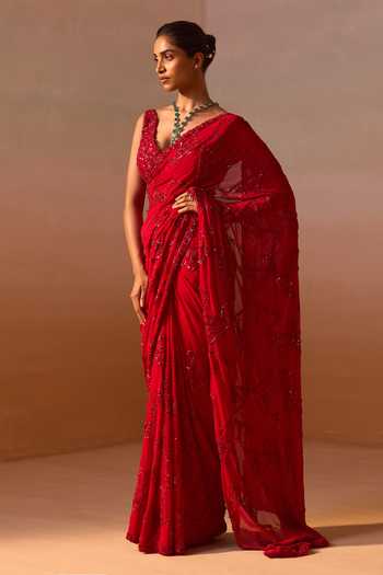 Buy_Nitika Gujral_Red Georgette, Satin V-neck Embroidered Saree With Jaal Blouse _Online_at_Aza_Fashions
