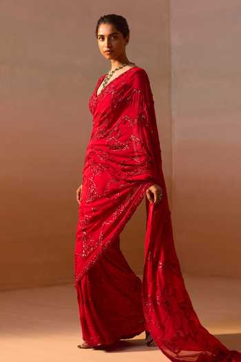 Shop_Nitika Gujral_Red Georgette, Satin V-neck Embroidered Saree With Jaal Blouse _Online_at_Aza_Fashions