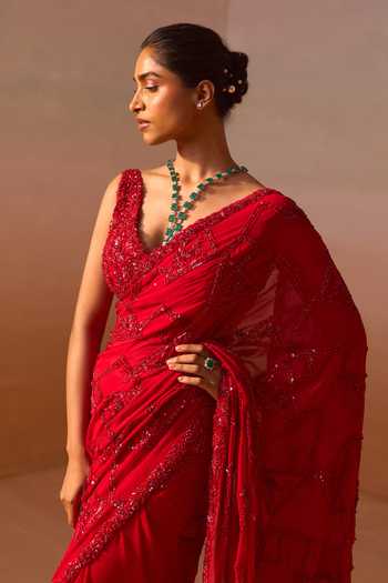 Nitika Gujral_Red Georgette, Satin V-neck Embroidered Saree With Jaal Blouse _at_Aza_Fashions