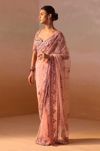 Nitika Gujral_Pink Satin, Net Sweetheart Neck Embellished Saree With Embroidered Blouse _Online_at_Aza_Fashions