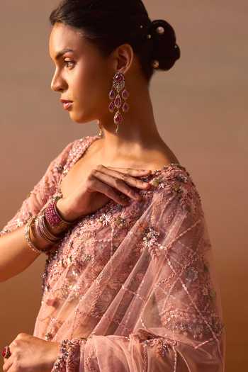 Buy_Nitika Gujral_Pink Satin, Net Sweetheart Neck Embellished Saree With Embroidered Blouse _Online_at_Aza_Fashions