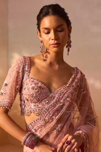 Shop_Nitika Gujral_Pink Satin, Net Sweetheart Neck Embellished Saree With Embroidered Blouse _Online_at_Aza_Fashions