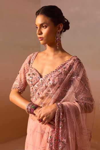 Nitika Gujral_Pink Satin, Net Sweetheart Neck Embellished Saree With Embroidered Blouse _at_Aza_Fashions