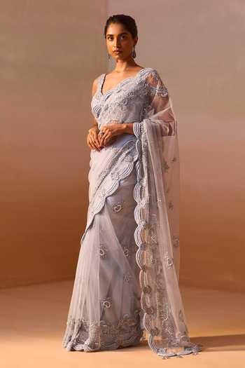 Nitika Gujral_Blue Satin, Net Sweetheart Neck Tonal Floral Embroidered With _Online_at_Aza_Fashions