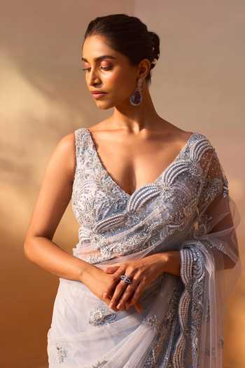Buy_Nitika Gujral_Blue Satin, Net Sweetheart Neck Tonal Floral Embroidered With _Online_at_Aza_Fashions