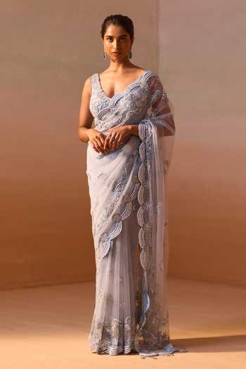 Shop_Nitika Gujral_Blue Satin, Net Sweetheart Neck Tonal Floral Embroidered With _Online_at_Aza_Fashions