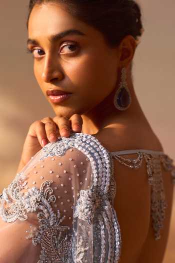Nitika Gujral_Blue Satin, Net Sweetheart Neck Tonal Floral Embroidered With _at_Aza_Fashions