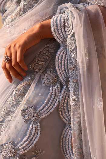Buy_Nitika Gujral_Blue Satin, Net Sweetheart Neck Tonal Floral Embroidered With 