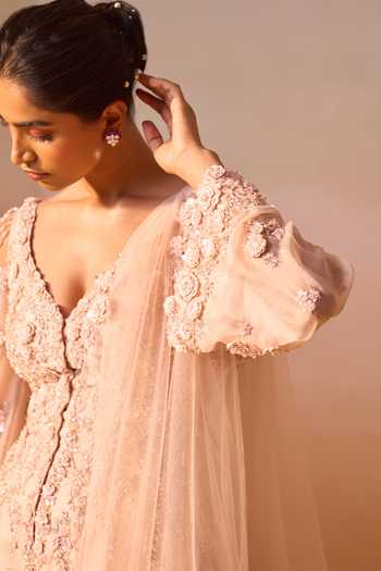 Nitika Gujral_Orange Organza, Satin, Net V-neck, Floral Embellished Peplum Kurta Gharara Set _Online_at_Aza_Fashions