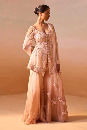 Buy_Nitika Gujral_Orange Organza, Satin, Net V-neck, Floral Embellished Peplum Kurta Gharara Set _Online_at_Aza_Fashions