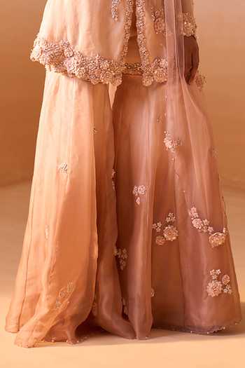 Shop_Nitika Gujral_Orange Organza, Satin, Net V-neck, Floral Embellished Peplum Kurta Gharara Set _Online_at_Aza_Fashions