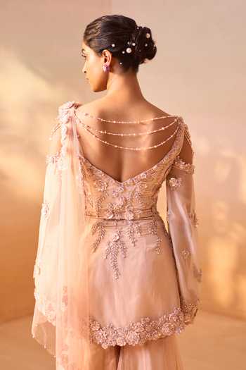 Buy_Nitika Gujral_Orange Organza, Satin, Net V-neck, Floral Embellished Peplum Kurta Gharara Set 