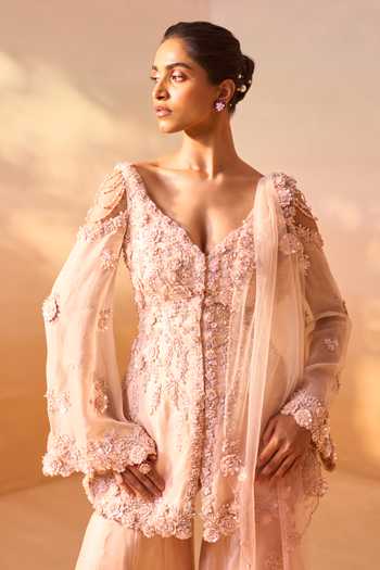 Shop_Nitika Gujral_Orange Organza, Satin, Net V-neck, Floral Embellished Peplum Kurta Gharara Set 