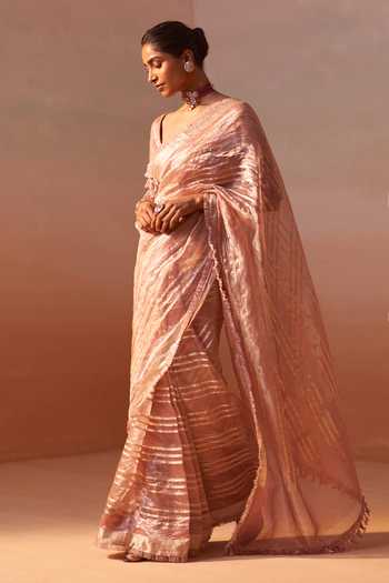Nitika Gujral_Pink Organza, Tissue Square Neck Zari Striped Saree With Blouse _Online_at_Aza_Fashions