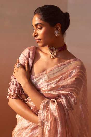 Shop_Nitika Gujral_Pink Organza, Tissue Square Neck Zari Striped Saree With Blouse _Online_at_Aza_Fashions