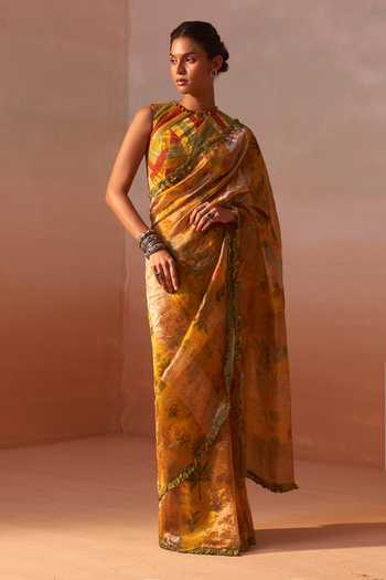 Nitika Gujral_Yellow Organza, Tissue Cut-out Neck Floral Print Saree With Blouse _Online_at_Aza_Fashions