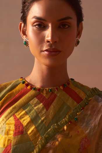 Buy_Nitika Gujral_Yellow Organza, Tissue Cut-out Neck Floral Print Saree With Blouse _Online_at_Aza_Fashions