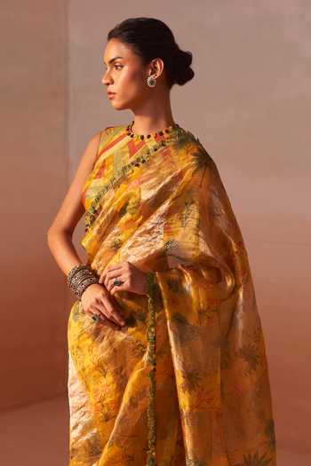 Shop_Nitika Gujral_Yellow Organza, Tissue Cut-out Neck Floral Print Saree With Blouse _Online_at_Aza_Fashions