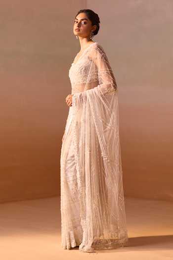 Nitika Gujral_White Satin, Net Sweetheart Neck Floral Embroidered Saree With Blouse _Online_at_Aza_Fashions