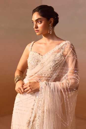 Shop_Nitika Gujral_White Satin, Net Sweetheart Neck Floral Embroidered Saree With Blouse _Online_at_Aza_Fashions