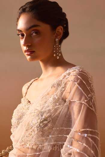 Nitika Gujral_White Satin, Net Sweetheart Neck Floral Embroidered Saree With Blouse _at_Aza_Fashions