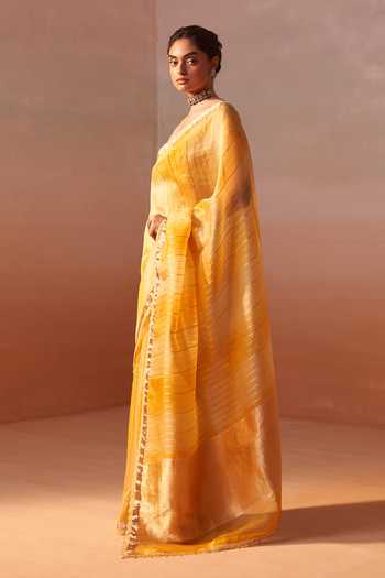 Nitika Gujral_Yellow Organza, Tissue Sweetheart Zari Striped Saree With Embroidered Blouse _Online_at_Aza_Fashions