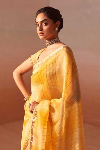 Buy_Nitika Gujral_Yellow Organza, Tissue Sweetheart Zari Striped Saree With Embroidered Blouse _Online_at_Aza_Fashions