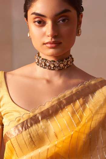 Shop_Nitika Gujral_Yellow Organza, Tissue Sweetheart Zari Striped Saree With Embroidered Blouse _Online_at_Aza_Fashions