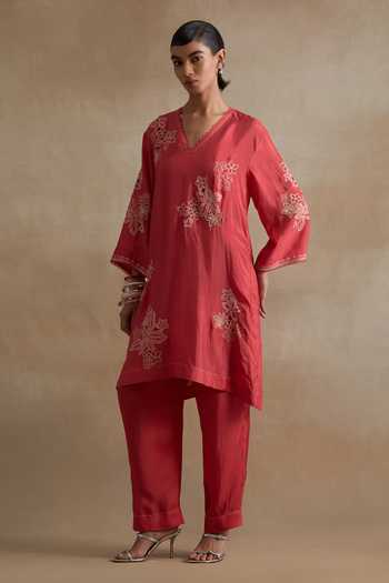 One Not Two_Red Silk, Cotton V-neck Cutwork Embroidered Kurta And Pant Set _Online_at_Aza_Fashions