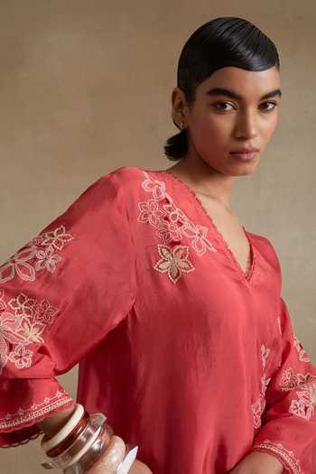 Buy_One Not Two_Red Silk, Cotton V-neck Cutwork Embroidered Kurta And Pant Set _Online_at_Aza_Fashions