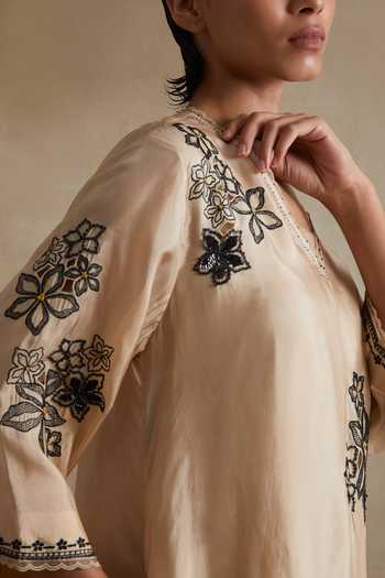 Shop_One Not Two_Cream Silk, Cotton V-neck Floral Cutwork Kurta And Pant Set _Online_at_Aza_Fashions