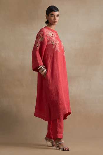 One Not Two_Red Silk, Cotton Mandarin Collar, Yes Embroidered Kurta And Pant Set _Online_at_Aza_Fashions