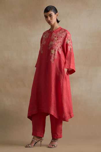 Buy_One Not Two_Red Silk, Cotton Mandarin Collar, Yes Embroidered Kurta And Pant Set _Online_at_Aza_Fashions