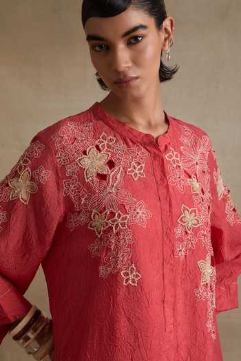 Shop_One Not Two_Red Silk, Cotton Mandarin Collar, Yes Embroidered Kurta And Pant Set _Online_at_Aza_Fashions
